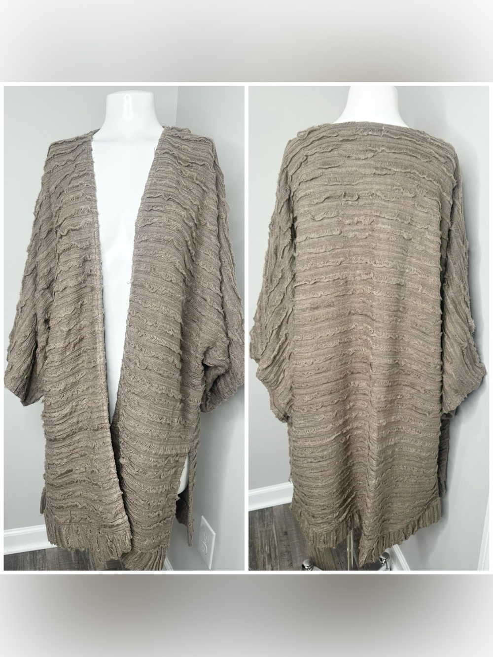 Amaryllis Taupe Fringe-Trim Open Knit Cardigan- m